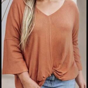 Rust Orange V-Neck Knotted Sweater 3X